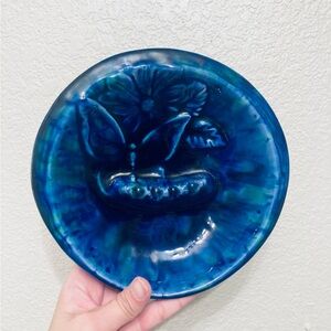 Gorgeous glazed blue and green ceramic pottery ash tray butterfly flowers